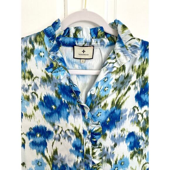 TUCKERNUCK Tate Ikat Blue Green Mini Ruffle Pleated Cotton Poplin Shirt Dress S - Picture 8 of 13